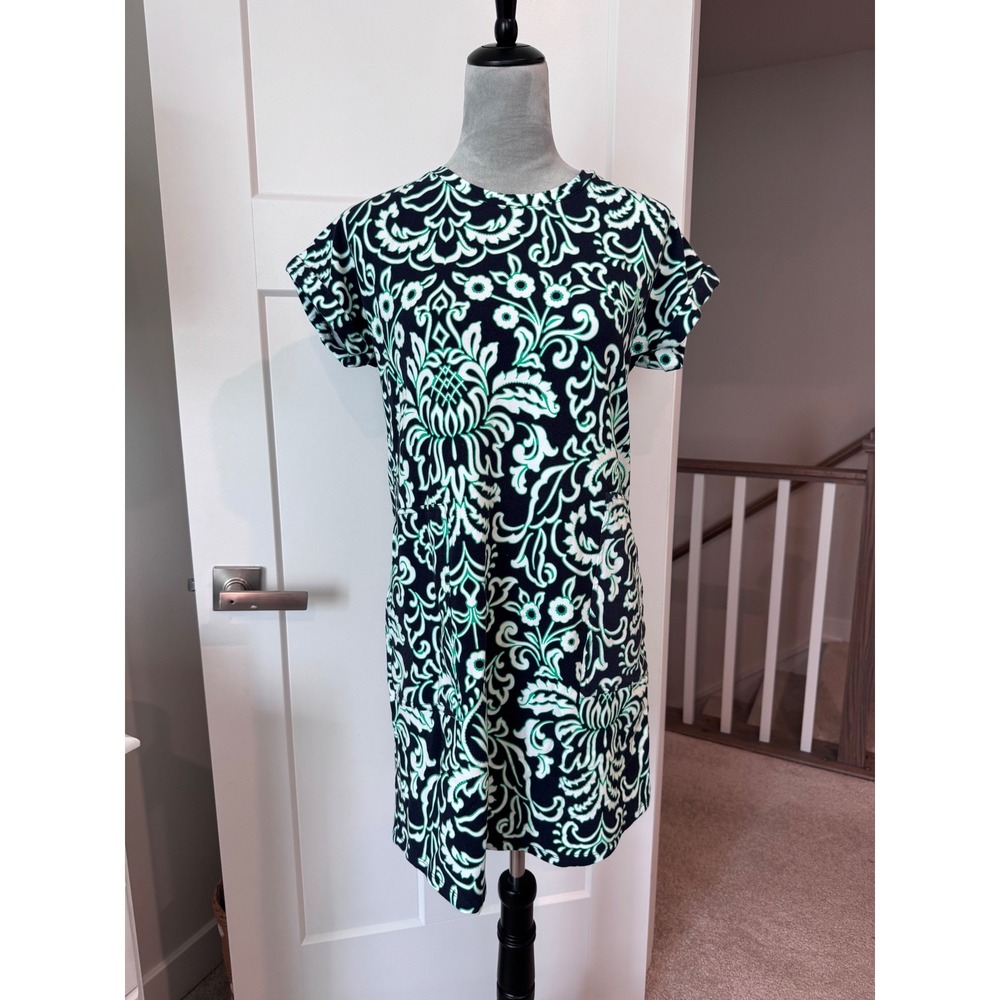 Soft Surroundings Womens XS Damask Floral Shift Dress Navy Green Cuffed Sleeve